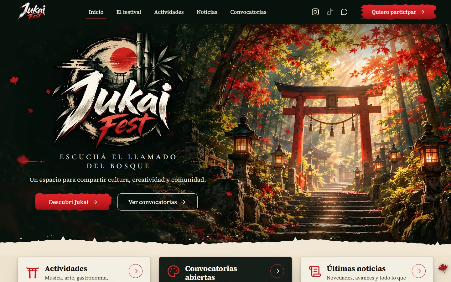 Portada del sitio de Jukai Fest con un torii rodeado de arces rojos