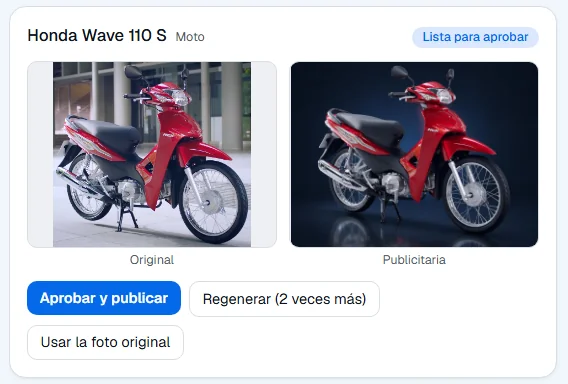 Foto original de una moto junto a la foto publicitaria generada por IA