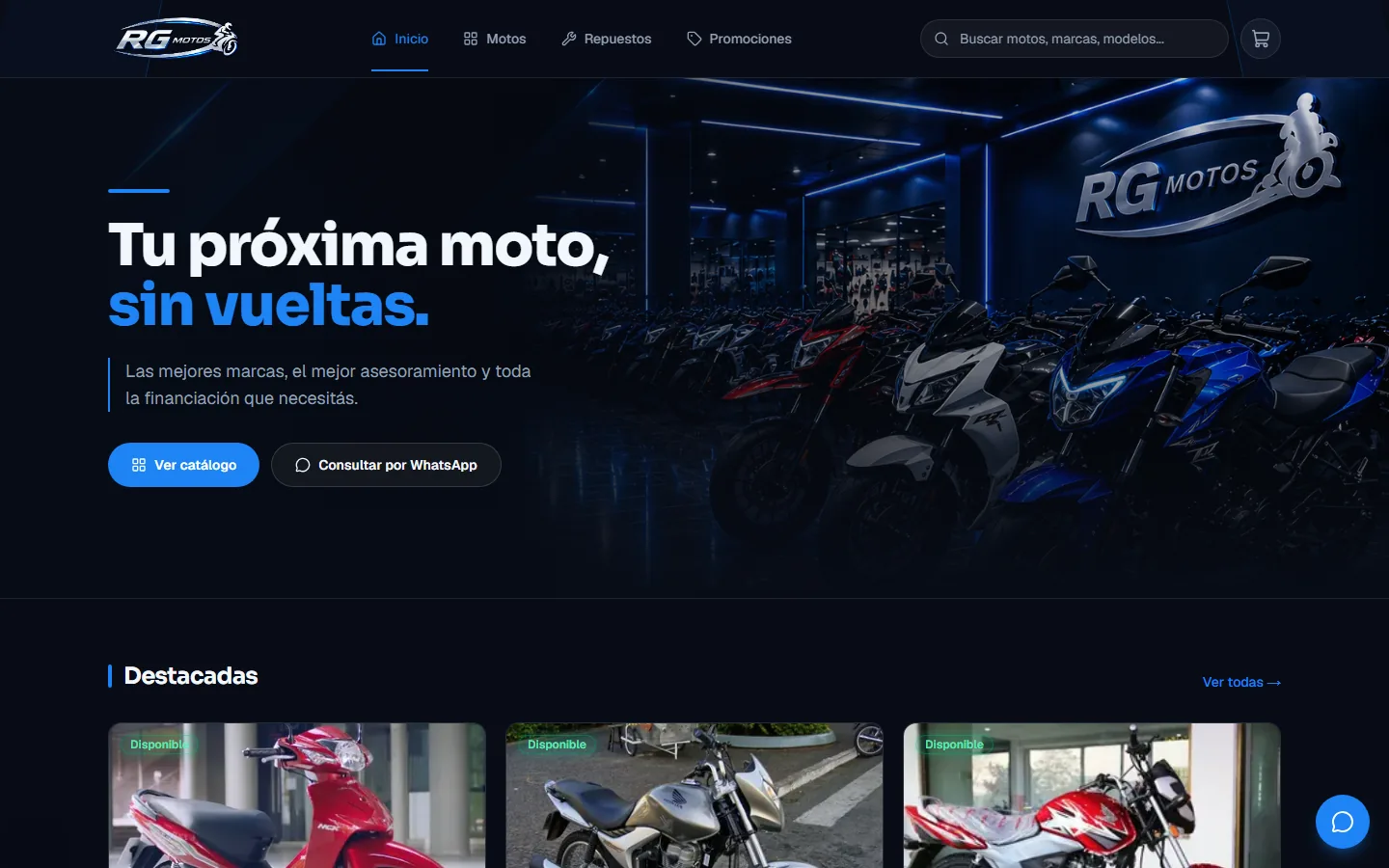 Sitio público de RG Motos con catálogo de motos destacadas